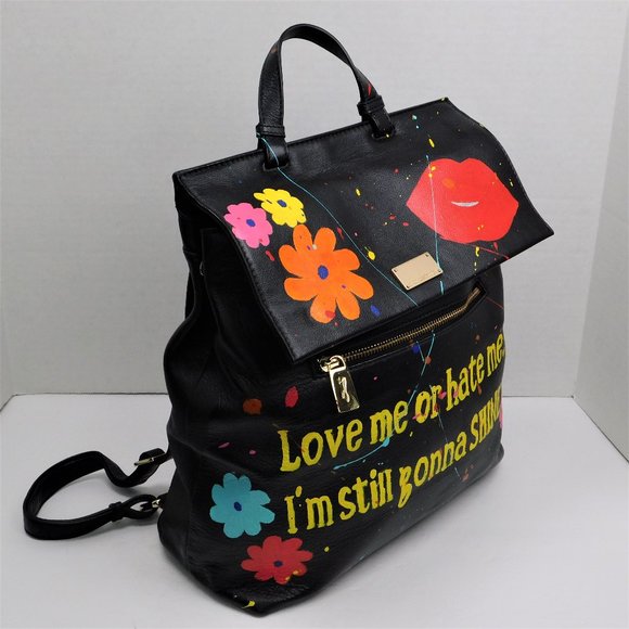 OOAK Upcycled Reworked Leather Floral Splatter Paint Backpack (6222) - Picture 2 of 10